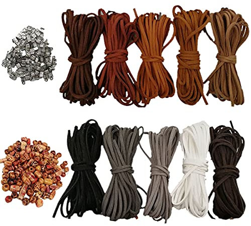 10 Stück 5M*3mm Lederschnur Lederband+100pcs Schnurenden+100pcs Holzperlen Wildleder Schnur Faux Veloursleder Braun Schwarz flach Lederbänder für Halskette Armbänder Traumfänger DIY Schmuck Handwerk
