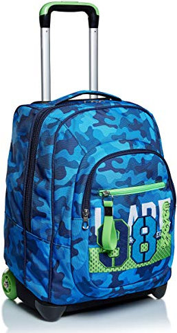 Seven TROLLEY, 2 in 1, Schulranzen mit Rollen, Rucksack mit Trolleyfunktion für Kinder, ab 1. Klasse, für Schule, Reisen, Mädchen&Jungen, blau, CREW