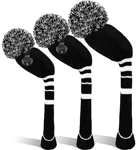 Golf Head Covers Woods Driver Fairway Hybrid 3 Pcs,Golf Headcover Pom Knitted Number 1 3 5 for Men Women Kids Anti-Wrinkle Washable Soft Portable Color Blue Red (Black/White)