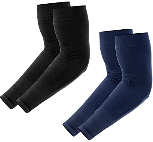 Newbyinn Manchettes de Bras pour Hommes et Femmes, Protection Anti-UV, Couverture de Tatouage, Sensation de Fraîcheur, Manchons de Sport de Compression - Taille: L, Couleur: Noir + Bleu Marine