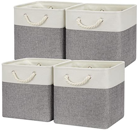 Temary Fabric Storage Cubes with Handle - 12 Inch Large Baskets for Clothes, Books, Blankets (White & Gray)