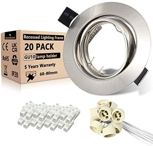Wondlumi 20er Einbaustrahler GU10 Set Rund Einbaurahmen Schwenkbar Edelstahl Gebürstet 68mm Einbauspot Rahmen 230V inkl. GU10 Fassung für LED oder Halogen