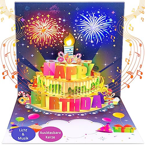FITMITE Geburtstagskarte mit Musik Blowable LED Licht Kerze 3D Pop Up Karte Geburtstag mit Lichtern Happy Birthday Geschenke für Frau, Beste Freundin, Kinder, Schwestern, Familie.