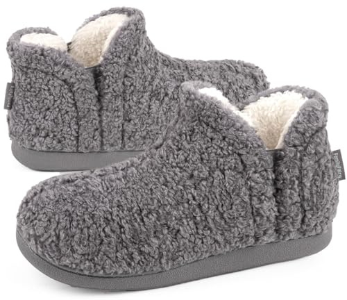 FamilyFairy Women's Memory Foam Boots Slippers Warm Shearling Bootie Soft Plush Fleece Comfy House Shoes Outdoor Indoor Rubber Sole Grey, 7-8