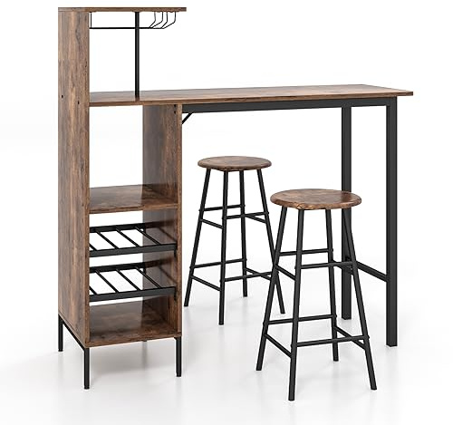 HOMASIS Set di tavolo da bar con 2 sgabelli da bar, tavolo da pranzo con supporti per calici da vino e ripiani per 6 bottiglie di vino, tavolo da bistro industriale per cucina, 120 x 40 x 121,5 cm