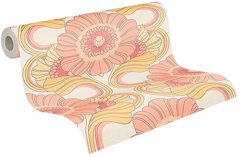 A.S. Création 395305-Papier peint intissé rétro années 70 8,50 m x 0,53 m Motif floral Jaune Rose Blanc Rouge Beige