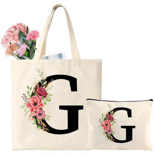 Tarklanda Iniziali Borsa Tote in Tela, Lettere Tote Bag con Tasca, Borsa Tela Cotone con Iniziali, Regali per Donna, Amica, Damigella d'onore, Regalo di Compleanno, Anniversari, Matrimonio (G)