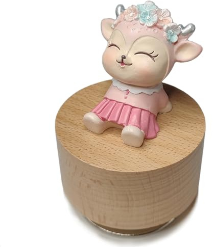 falado Mini boîte à musique rotative en bois avec adorable cerf (Tune : It's a Small World), beige