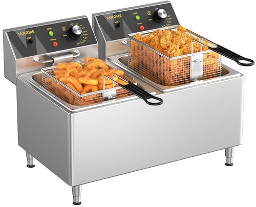 Commercial Deep Fryer 3500W Electric Countertop Fryer 25.4Qt Heavy Duty Large Stainless Steel Deep Fryers with Double Baskets, Lid and High Legs for Restaurant, UL Certified