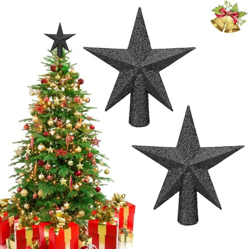 DIELOVEHUA 2 Pezzi Topper Albero di Natale Scintillante, Mini Stella, Puntale, Decorazioni 11cm/4in (Nero)