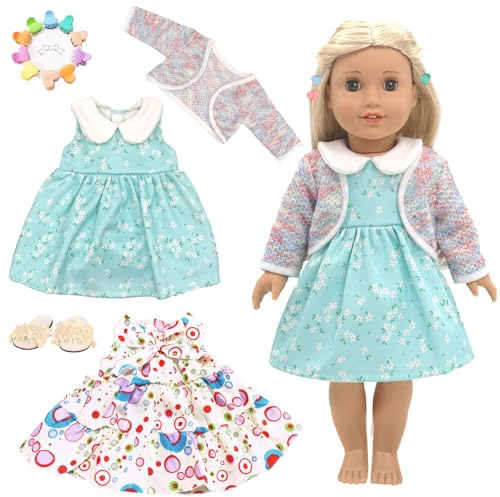 2 Set Sweet Dolls Clothes Dress for Baby Girl 14-18 Inch, 9 Pcs Doll Clothes and Accessories—Summer Suspender Skirt Coat Blue Dress Slippers Hairpins，35-45cm Baby Doll Outfits Kids Birthday Gift