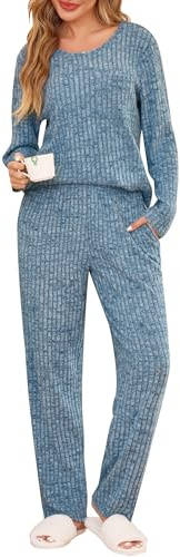 Vlazom Pyjamas for Women, Ladies 2 Piece Outfits Loungewear Sets Soft Ribbed Leisure Suits Pyjamas Set Long Sleeve Jumpers and Wide Leg Pants with Drawstring & Pockets Blue,XL