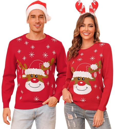 Aottori Maglione Natalizio Donna Maglia di Natale Coppia con Fiocco di Neve di Alce Maglioni di Natale a Maniche Lunga per Autunno Inverno Rosso L
