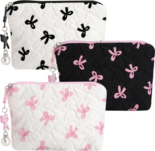 3 Pcs Petite Trousse de Maquillage pour Sac à Main | Mini Trousse de Toilette de Voyage Cosmétiques à Glissière Portable avec Pendentif Nœud et Perle