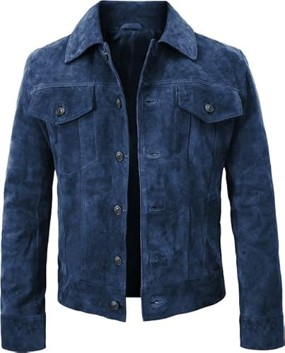 waxed trucker jacket men - leather trucker jacket men - waxed canvas jacket - blue leather jackets men