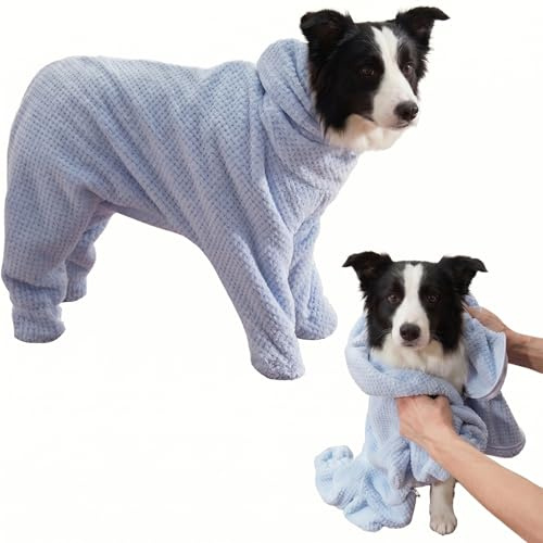 Soft Dog Bathrobe Towel, Fiber Absorbent Dog Drying Coat with Hood, Quick Dry Pet Towel Robe for Medium Large Dogs After Bath, Swimming or Rain, Suitable for Pets 16.53-27.56 lbs (Blue L)