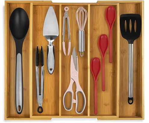 Purawood Kitchen Drawer Organizer - Expandable Utensil Drawer Organizer for Kitchen, Cutlery Tray & Silverware Organizer, 3-5 Slots - Bamboo Organizer for Utensils & Flatware (Natural)