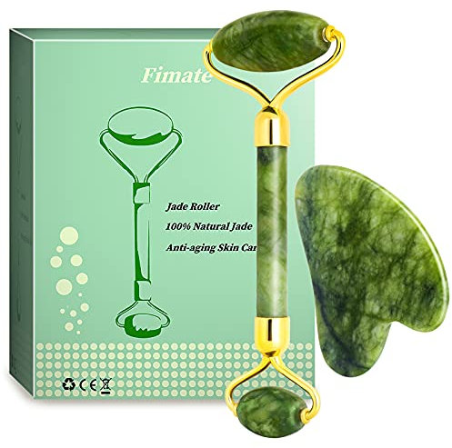 Jade Roller & Gua Sha Scraping Massage Tool, Anti-Aging Natural Facial Jade Stone Set - Face Eye Neck Beauty Roller for Slimming & Firming - Rejuvenate Skin & Remove Wrinkles