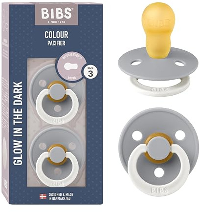 BIBS Colour Night Glow in The Dark Soother 2-Pack, BPA Free Dummy Pacifier, Round Nipple. Natural Rubber Latex, Made in Denmark, Size 3 (18+ Months), Cloud Glow