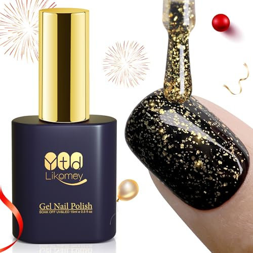YTD Likomey Gel Polish Gold Foil Top Coat,Glossy No Wipe Long Lasting Shiny Finish Clear Gold Glitter Sparkle For Salon Home DIY UV Manicure Nail Art UV Nail Gel,15ml 0.5 Fl Oz