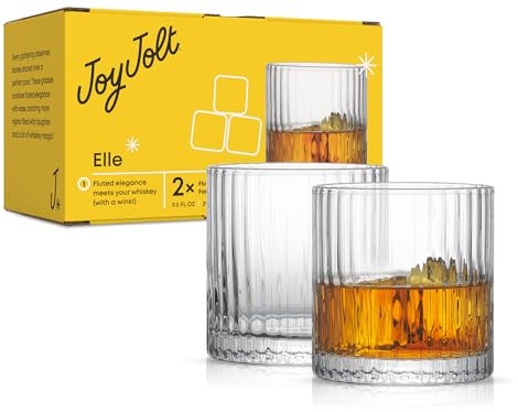 JoyJolt Elle 10oz Double Old Fashioned Whiskey Glasses - Set of 2, Lead-Free Glassware, Dishwasher Safe, Vintage Style Drinking Glasses