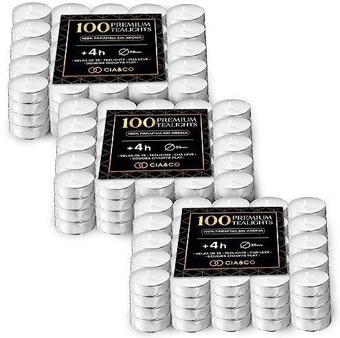 Pack Cia&Co 300 Velas de te 4 Horas. Velas Blancas Redondas sin Aroma y 100% Parafina. Diámetro 38 mm, Ideal Hostelería Sin Olor