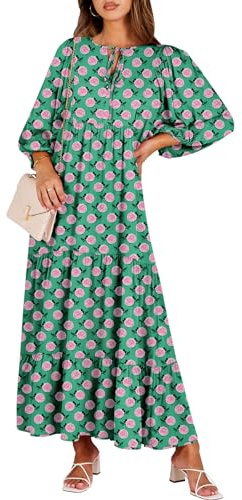 ANRABESS Womens Boho Maxi Dresses 2026 Summer V Neck Puff Sleeve Floral Flowy Swing Fall Casual Long Dress Green Small