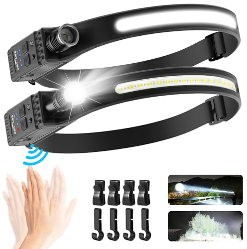 Head Torch Rechargeable, [2 Pack] Super Bright 230° Wide Beam Adjustable Focus Headtorch, 30 Hrs Runtime, 8 Modes with Motion Sensor, Waterproof Lightweight Headlamp for Camping Running Fishing