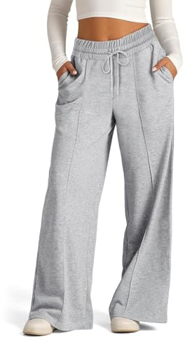 EIRUKON Pantalon Jogging Femme Large Pantalon Sport Baggy Jogging Taille Haute Pantalons Droit Décontracté Pantalons de Training Yoga avec Poches et Taille Élastique,Gris Clair,L