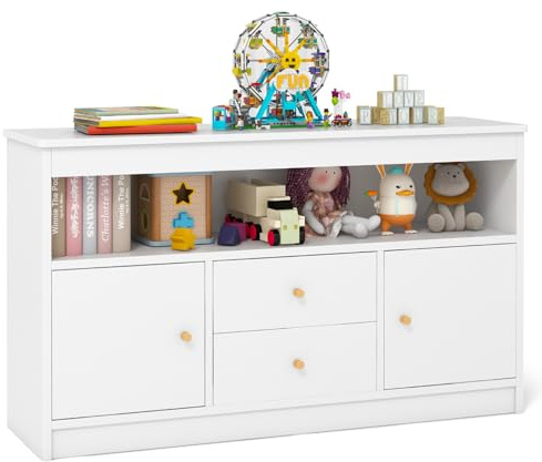 COSTWAY Armario de Juguetes para Niños, Estantería Infantil de Madera con Estante Abierto, 2 Cajones y 2 Puertas, Mueble Multifuncional para Salon, Dormitorio, Guardería, Jardín de Infancia (Blanco)