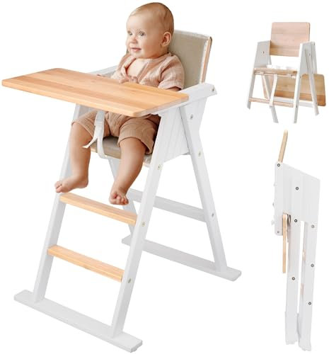VILHA Klapp-Treppenhochstuhl, Baby Hochstuhl aus massivem Holz mit Sitzkissen, Holz Essbrett und Schutzbügel, 3-Punkt-Gurt und Schrittgurt, Highchair ab 6 Monaten, Platzsparend Kinderstuhl