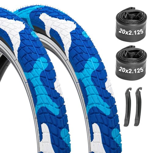 Bike Tires 20x2.125 2-Pack with Tubes & Levers - Compatible with Kids Bike, BMX, MTB, Mountain Bicycle - Camo Blue Design, Thick Rubber, Puncture Protection, Replacement Tires & Inner Tubes