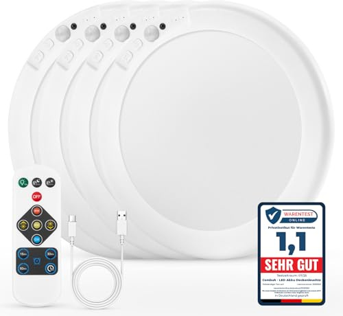 Combuh Uppladdningsbar Sladdlös Taklampa LED, Rörelsesensor USB Batteridriven Badrumslampa, 20cm Dimmbar Garderobslampa med Timer Fjärrkontroll, 3000K-6000K för Garage Hall Trappa Entré, Rund 4pack