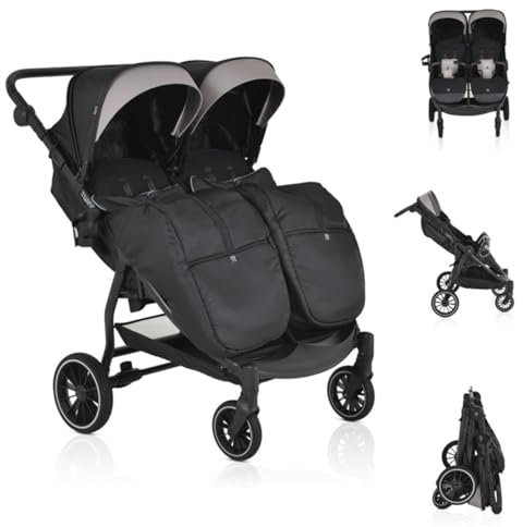 Moni Zwillingskinderwagen TwinGo Getränkehalter, Fußabdeckung, Hinterradbremse schwarz