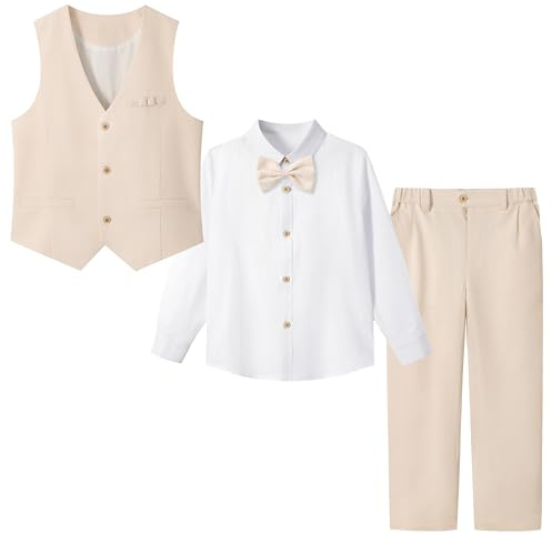 LOLANTA 4 Pièces Costume Garçon Mariage, Lin Gilet Pantalon Vetement Cérémonie Enfant, Tenue en Baptême, Fête d'anniversaire, Beige, 10-11 Ans, 150