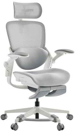 MUSSO E80 Muse Kompakt Ergonomisk Kontorsstol med Fotstöd, Grå | Kompakt design för kvinnor, 3D-svankstöd, 4D-nackstöd, uppfällbara armstöd, justerbart sittdjup, fotstöd