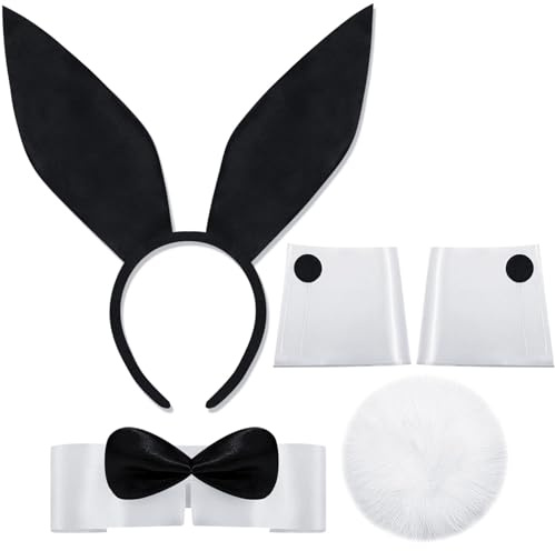 QIZHIQIAMY Kit D'accessoires de Lapin pour Femme, Oreille de Lapin Deguisement, Costume de Lapin pour Femme avec Bandeau Oreilles de Lapin, Nœud Papillon, Manchettes, Queue de Lapin (B)