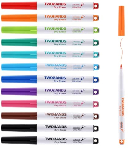 TWOHANDS Rotuladores magnéticos de borrado en seco ultrafino, paquete de 12 | Punta extrafina de 0,7 mm con gomas de borrar, bajo olor, marcadores finos de borrado en seco para calendario de oficina y