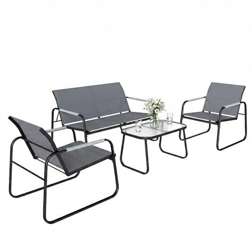 Outsunny Salon de Jardin 4 Pièces Accoudoirs Corde Tressée Gris | Acier Textilène, Ensemble de Terrasse, Canapé 2 Places, 2 Fauteuils, Table Basse en Verre Trempé Cannelé, pour Balcon