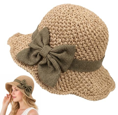 Versatile Retro Woven Handmade Straw Hat with Ruffled Bow, 90s Bucket Hat, Summer Hats for Women, One Piece Woven Bow Hat, Womens Straw Bucket Hat Foldable Wide Brim Floppy Beach Sun Hats