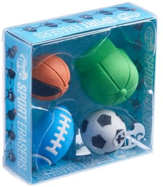 Tinc - Gommes de Sport Collectionnables - Coffret de 4 Modèles Sculptés (Ballons et Casquette) - Fournitures Scolaires pour Correction au Crayon - Multicolore - Lot de 4