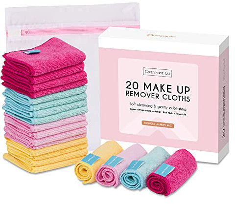 Green Face Co 20 Microfibre Makeup Remover Wipes with Laundry Bag | Pack of 20cm x 20cm Reusable Soft Facial Cloths for Beauty Routine | Perfect Make Up Removing Towel or Cleansing Cloth