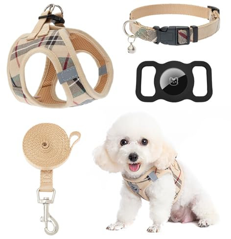EXPAWLORER Hundegeschirr und Leine, Set mit AirTag-Halter, weich gepolstert, mittelgroß, kein Ziehen, reflektierendes Welpengeschirr, Halsband und Leine zum Spazierengehen, Khaki, Größe S