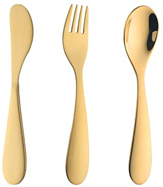 Gold Children Cutlery Metal, 3 Pcs Stainless Steel Kids Flatware Set with Knife/Fork/Spoon, Todler Silverware Healthy & Mirror Polished, Dishwasher Safe