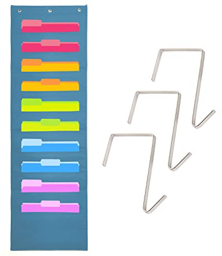 Kraftigt förvaringsfickdiagram för klassrum och kontor, 10 fickor, 3 dörrhängare ingår, hängande väggfilorganiserare för arkivmappar, skolbrevlåda, hem/kontorspapper och mer (blå)