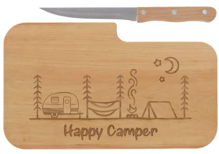 LASERHELD Wooden Bread Board with Engraving Happy Camper and Knife, 26 x 15 cm, Breakfast Board, Wooden Chopping Board, Snack Board, Gift for Campers and Camping