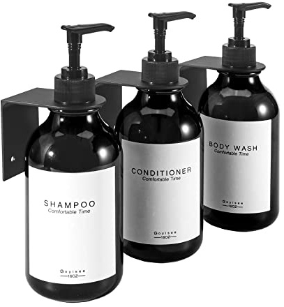 GOYISEE Shampoo und Conditioner Spender für Duschwand 3-Kammer,Nachfüllbare Shampoo und Conditioner Flaschen mit Wasserdichten Etiketten,Seifenspender mit Pumpen,3 Flaschen 3 Wandhalterungen-Schwarz