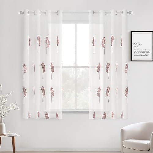 MIULEE Wohnzimmer Vorhänge Transparent mit Altrosa und Weiß Blätter Muster, Modern Stickerei Gardinen Ösen für Schlafzimmer Deko, 2er Set Schöne Blätter Muster Vorhang Fenster H 175 x B 140