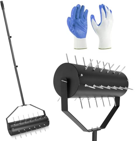 Aktualisierter Rasenbelüfter, robustes rollendes Rasenbelüfter-Werkzeug mit 39 Eisen-Spikes, 141 cm Edelstahlgriff, manueller Rollbelüfter, Rasen für Hof, Garten