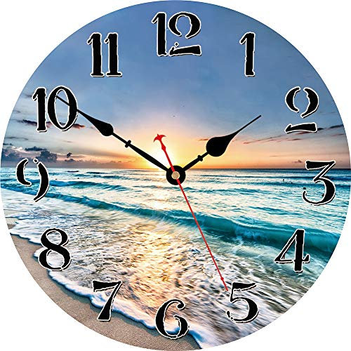 VIKMARI Sea Beach Wall Clock, Small 8 Inch Lovely Blue Clock, Unusual Silent Non Ticking Modern Wall Clock for Bathroom Living Room Kitchen Bedroom Office